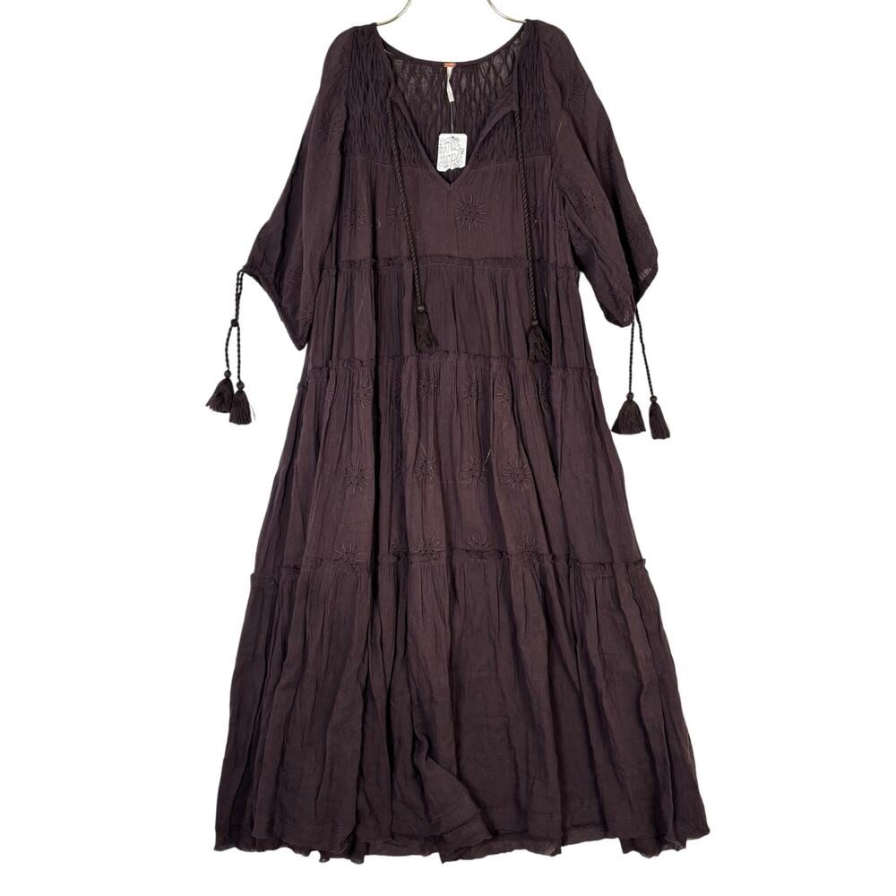 Free People Celestial Skies Embroidered Boho Midi Dress – Brown – Size M NWT